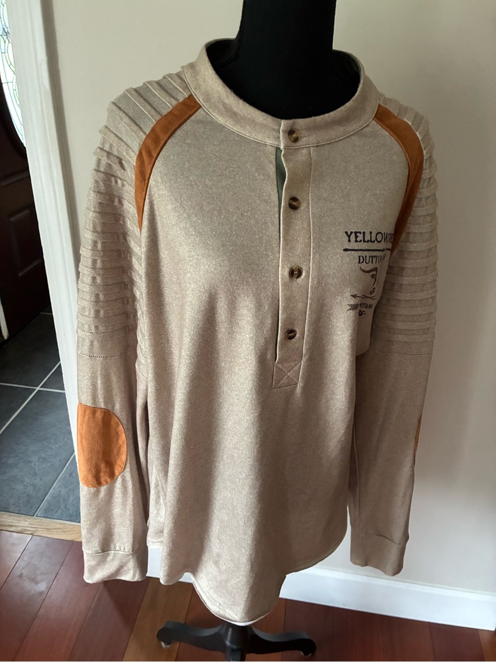 Beige Long-Sleeve Henley with Tan Elbow & Shoulder Accents